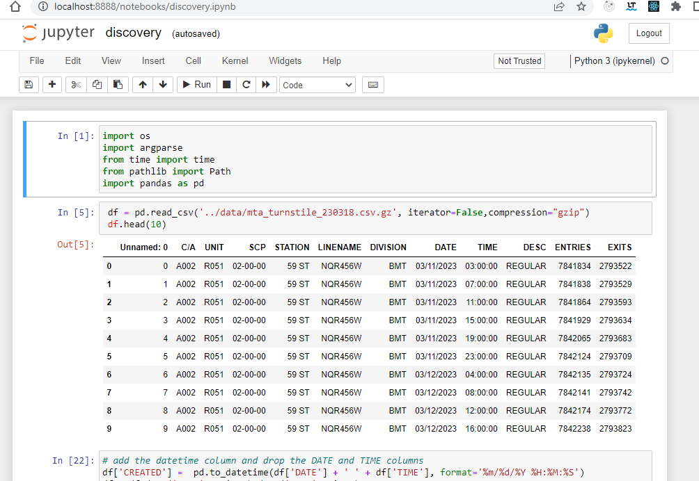 ozkary Data engineering MTA jupyter notebook loaded